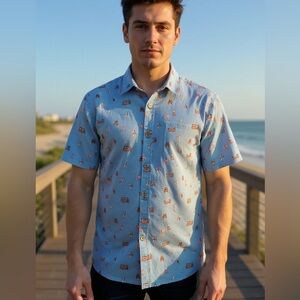 KAHALA 1936 Linen Cotton Men’s 2XL Hawaian Shirt Blue VW Bus Pattern SS